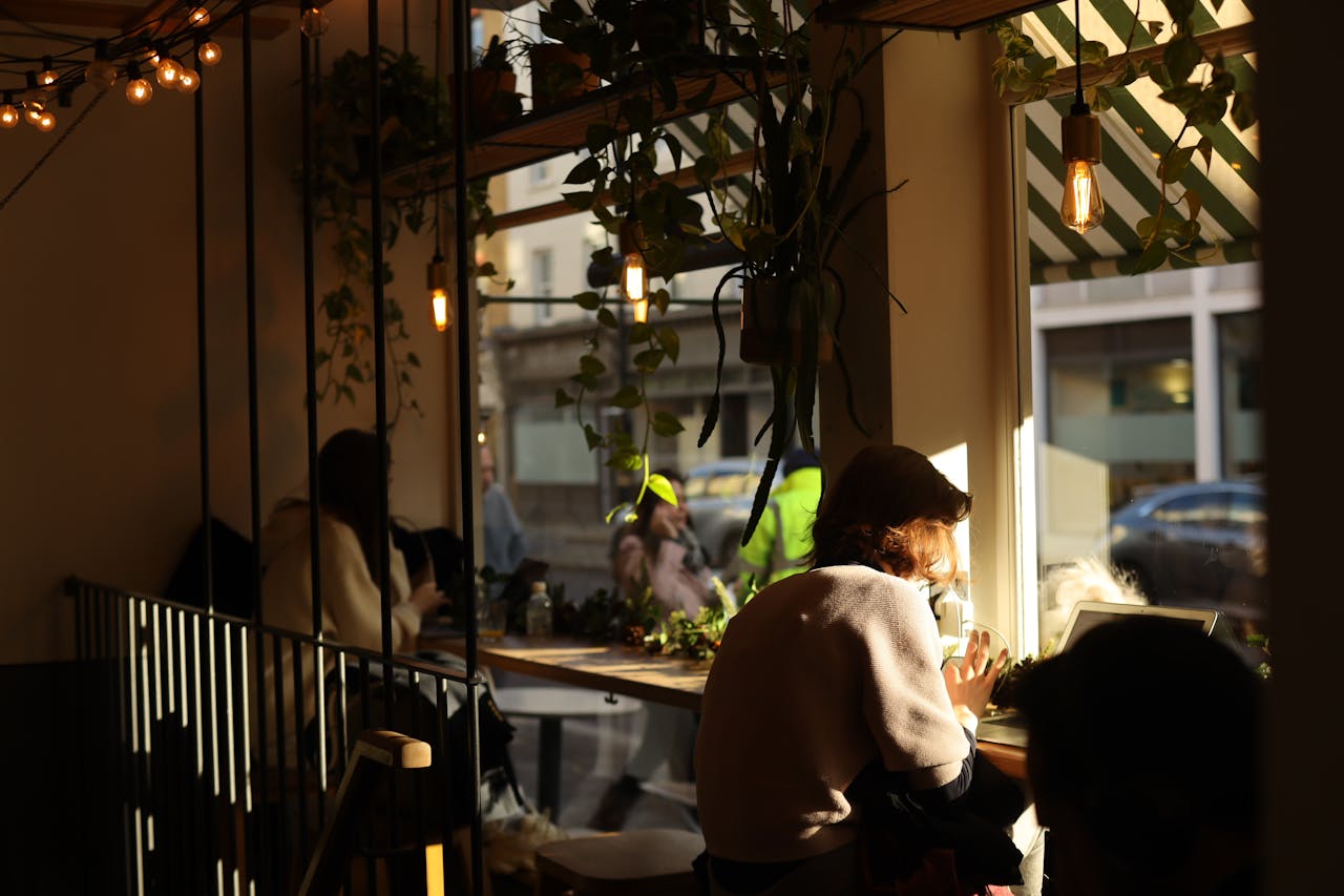 A cozy urban café interior featuring plants and sunlight, ideal for relaxation.